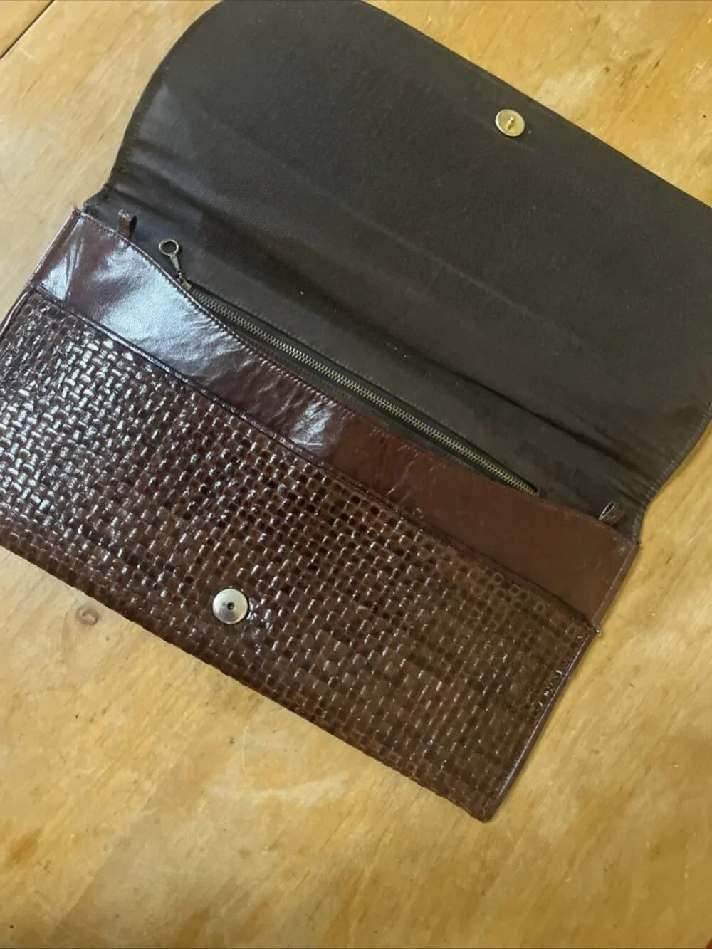 Vintage Beautiful Brown Leather Woven Large Clutch 14x8inch Snap Closure